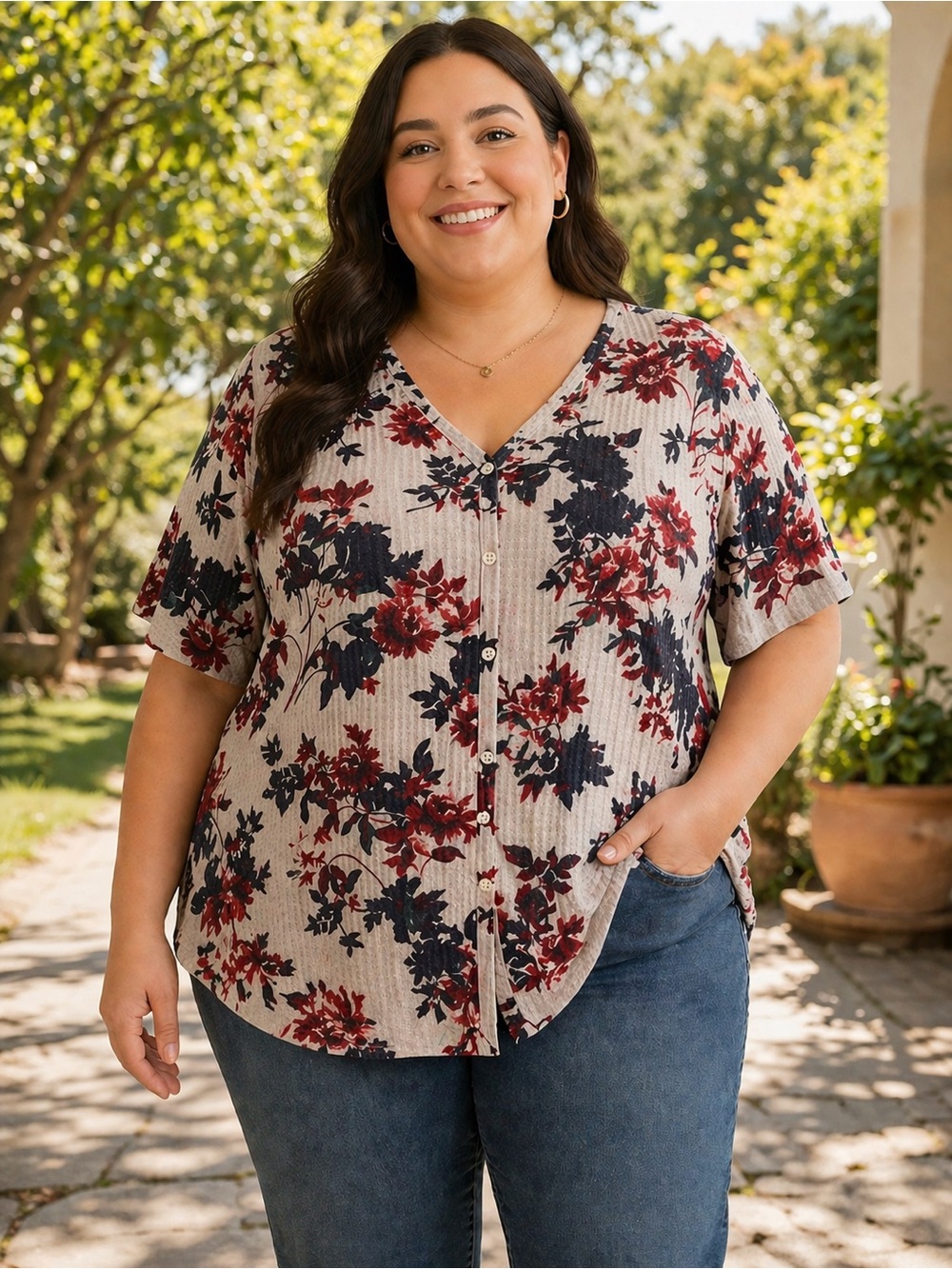 Torrid Size 2 (2X) Waffle Knit Button Front Top Floral Grey Stretch Blouse